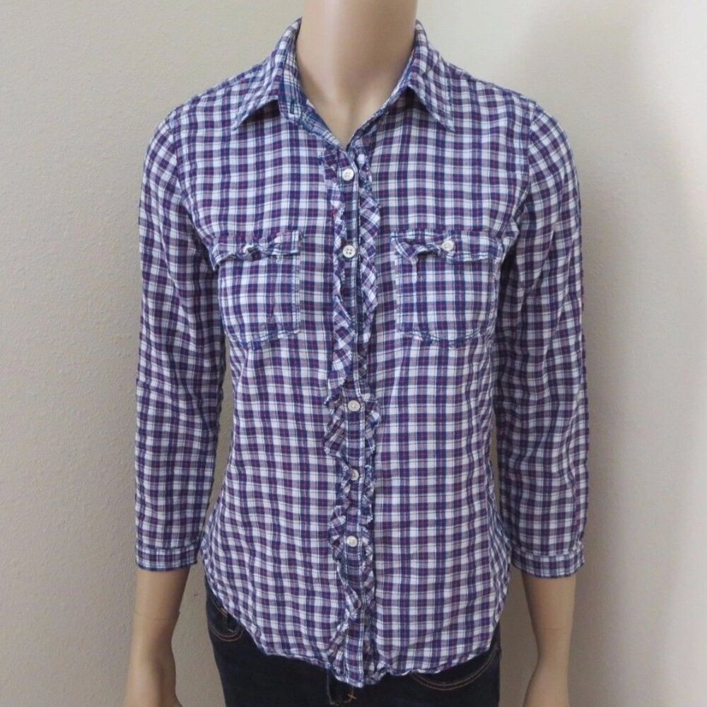 Abercrombie Women Plaid Button Down Shirt Top Size XS Ruffles Blue & White Check